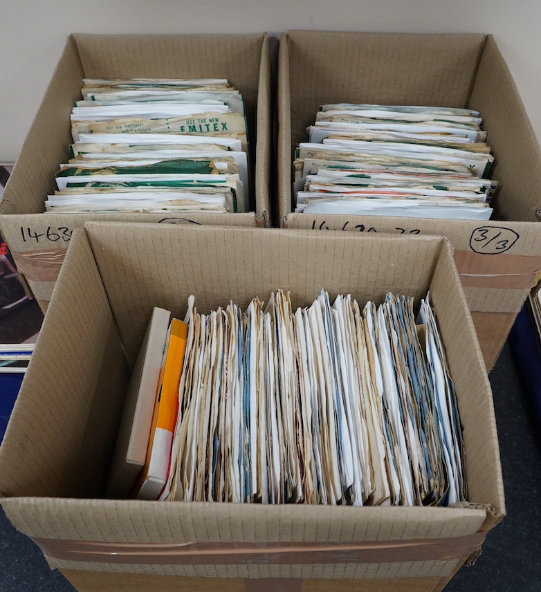 Three boxes of 7” singles on Parlophone and Pye labels, artists including; The Sweet, Orange Bicycle, the Beatles, Matt Monro, The Marcels, The Righteous Brothers, Chuck Berry, etc. Condition - fair